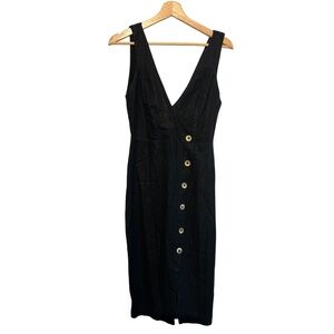 Dress To Black Linen Blend Button Front Midi Dress P Petite